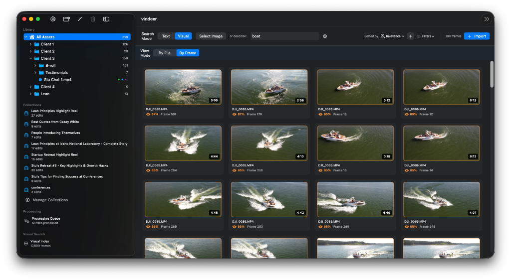 Vindexr desktop application interface showing video library and AI search results